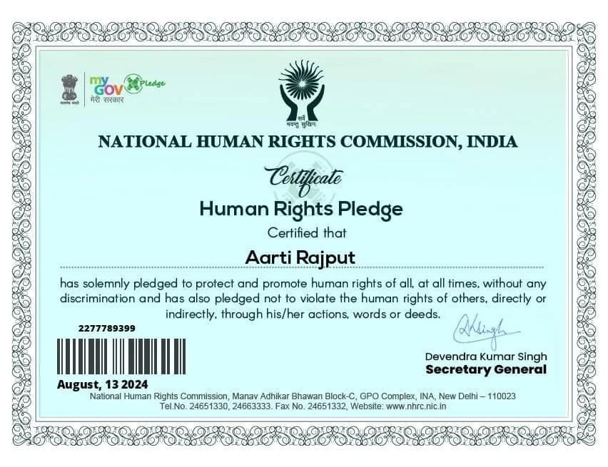 NHRC Human Rights Pledge — National President Ms. Aarti Rajput